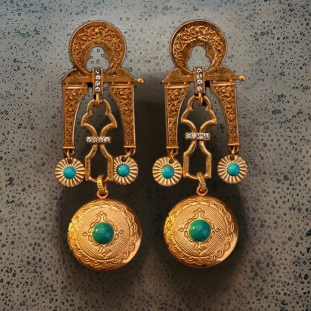 Vintage Estate Moraccan Palace Crystal Locket Gold Chandelier Earrings - Picture 9 of 15